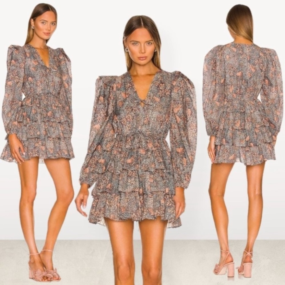 Ulla Johnson Floral Tiered Long-Sleeve Mini Dress in Gray and Peach